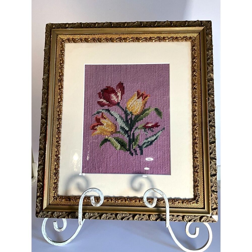Stunning vintage floral framed needlepoint; gesso frame beautifully done